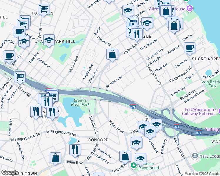 map of restaurants, bars, coffee shops, grocery stores, and more near 185 Narrows Road South in Staten Island