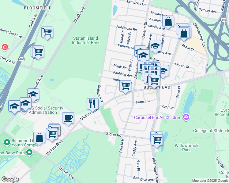 map of restaurants, bars, coffee shops, grocery stores, and more near 46 Nostrand Avenue in Staten Island