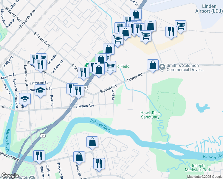 map of restaurants, bars, coffee shops, grocery stores, and more near 2080 Wall Street in Rahway