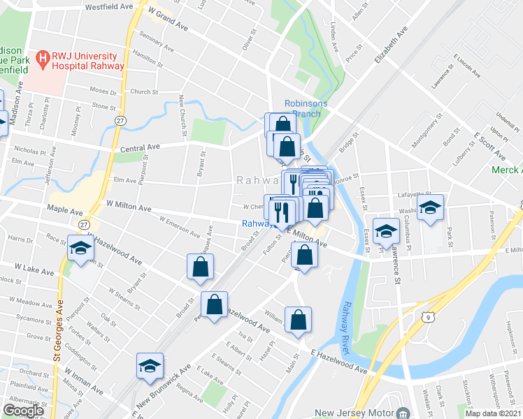 map of restaurants, bars, coffee shops, grocery stores, and more near 40 East Milton Avenue in Rahway