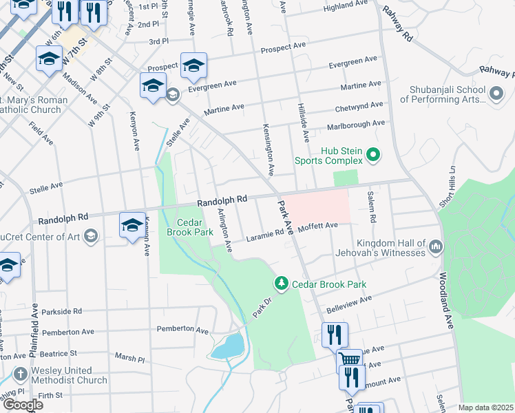 map of restaurants, bars, coffee shops, grocery stores, and more near 1217-19 Cameron Avenue in Plainfield