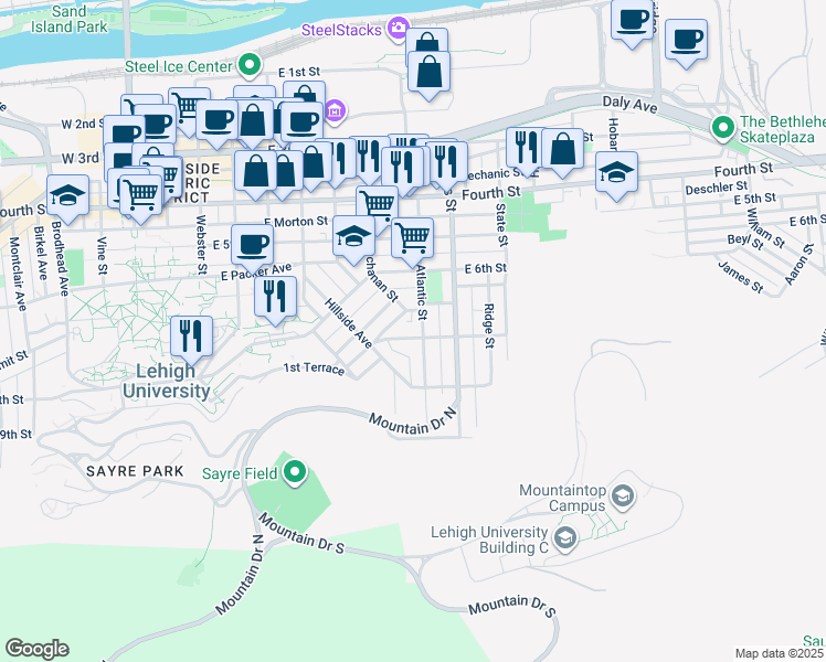 map of restaurants, bars, coffee shops, grocery stores, and more near 700 Atlantic Street in Bethlehem