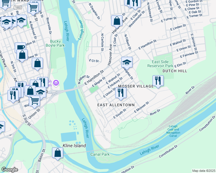 map of restaurants, bars, coffee shops, grocery stores, and more near 233 East Union Street in Allentown