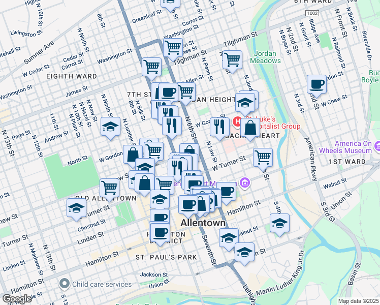 map of restaurants, bars, coffee shops, grocery stores, and more near 239 North Church Street in Allentown