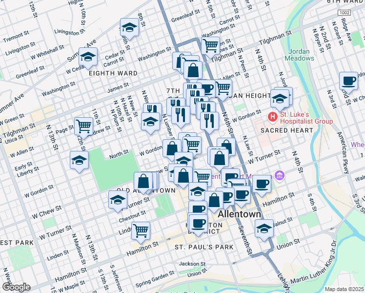 map of restaurants, bars, coffee shops, grocery stores, and more near 334 North Lumber Street in Allentown