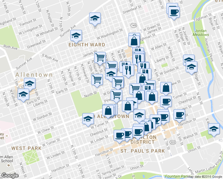 map of restaurants, bars, coffee shops, grocery stores, and more near 916 West Gordon Street in Allentown