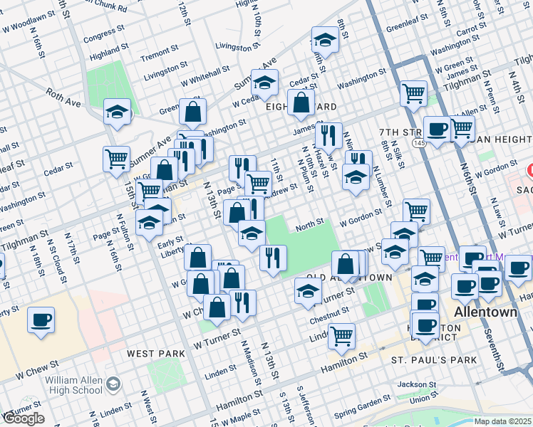 map of restaurants, bars, coffee shops, grocery stores, and more near 1135 Liberty Street in Allentown