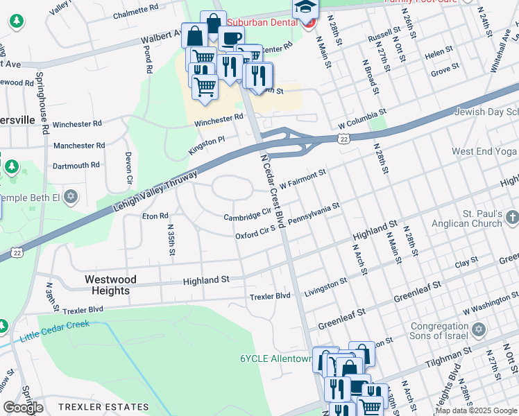 map of restaurants, bars, coffee shops, grocery stores, and more near 3205 Cambridge Circle in Allentown