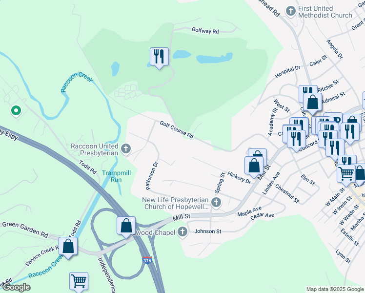 map of restaurants, bars, coffee shops, grocery stores, and more near 616 Golf Course Road in Aliquippa