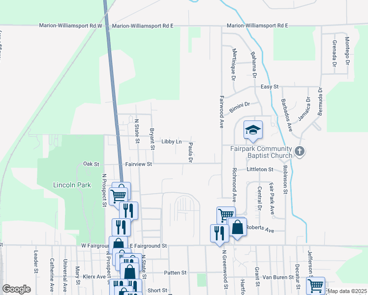 map of restaurants, bars, coffee shops, grocery stores, and more near 968 Paula Drive in Marion