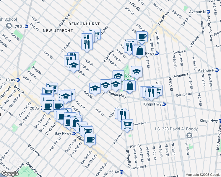 map of restaurants, bars, coffee shops, grocery stores, and more near 7701 Bay Parkway in Brooklyn