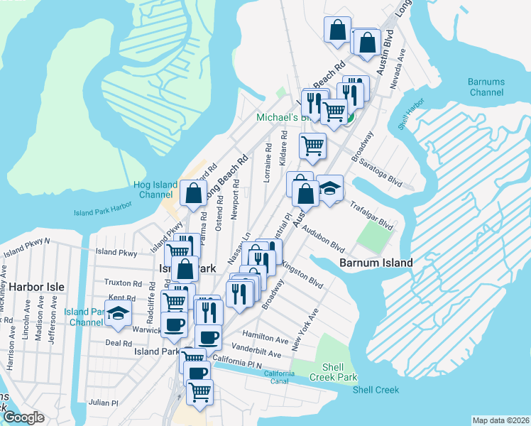 map of restaurants, bars, coffee shops, grocery stores, and more near 4220 Industrial Place in Island Park