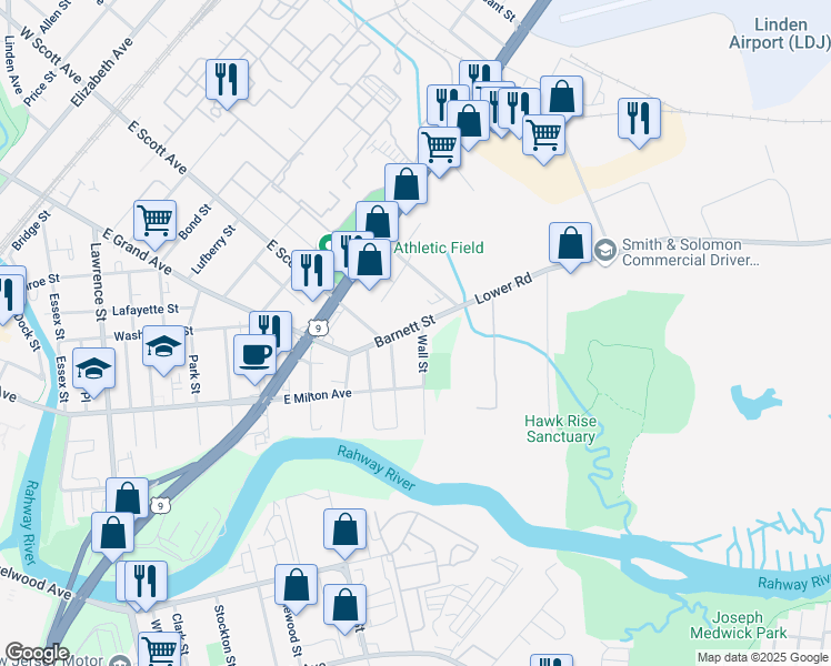 map of restaurants, bars, coffee shops, grocery stores, and more near 2080 Wall Street in Rahway