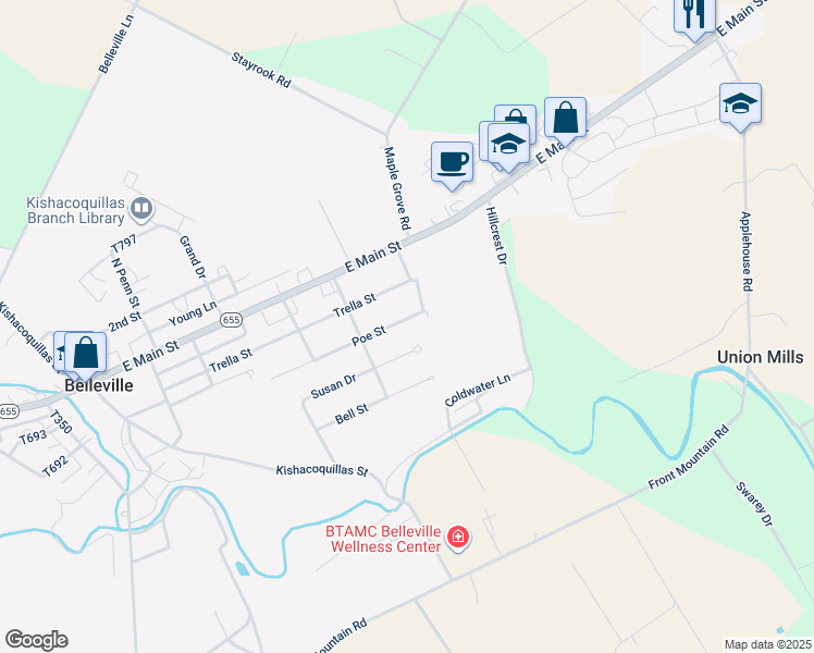 map of restaurants, bars, coffee shops, grocery stores, and more near 144 Poe Street in Belleville