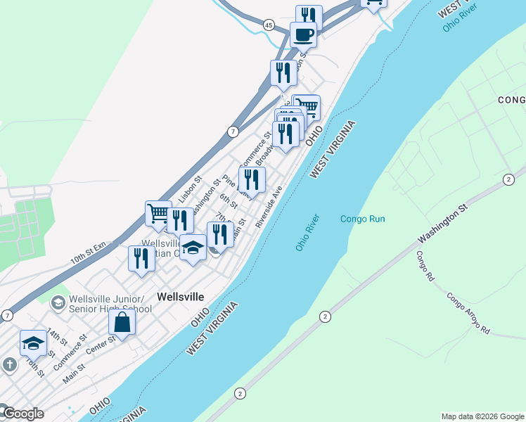 map of restaurants, bars, coffee shops, grocery stores, and more near 102 6th Street in Wellsville