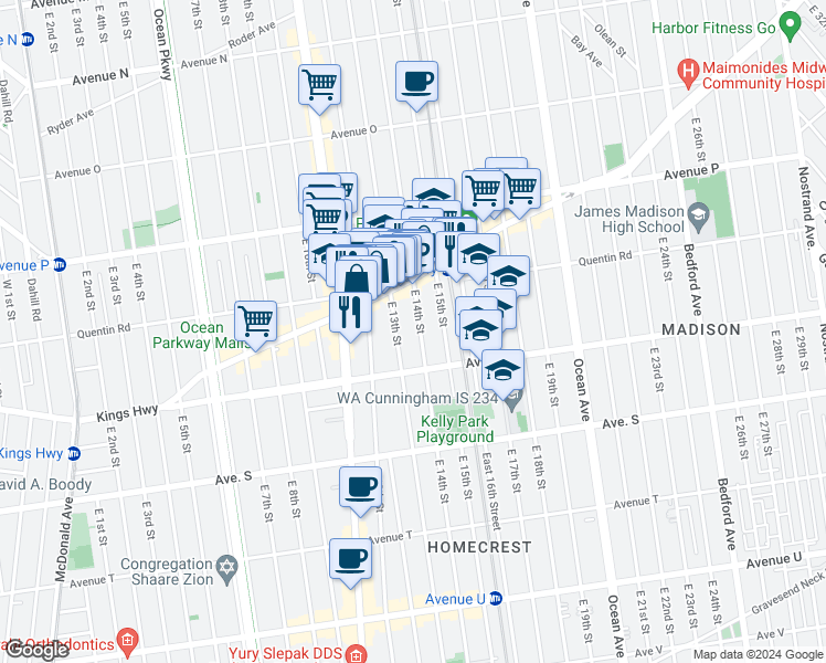 map of restaurants, bars, coffee shops, grocery stores, and more near 1770 East 14th Street in Brooklyn