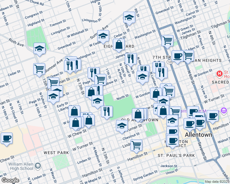 map of restaurants, bars, coffee shops, grocery stores, and more near 1104 Liberty Street in Allentown