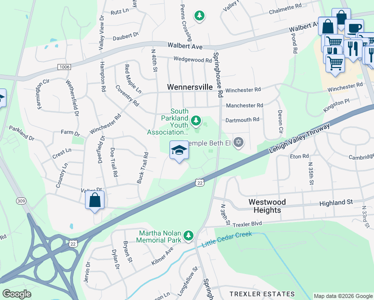 map of restaurants, bars, coffee shops, grocery stores, and more near 1200 Springhouse Road in Allentown