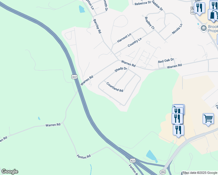 map of restaurants, bars, coffee shops, grocery stores, and more near 227 Courtland Road in Indiana