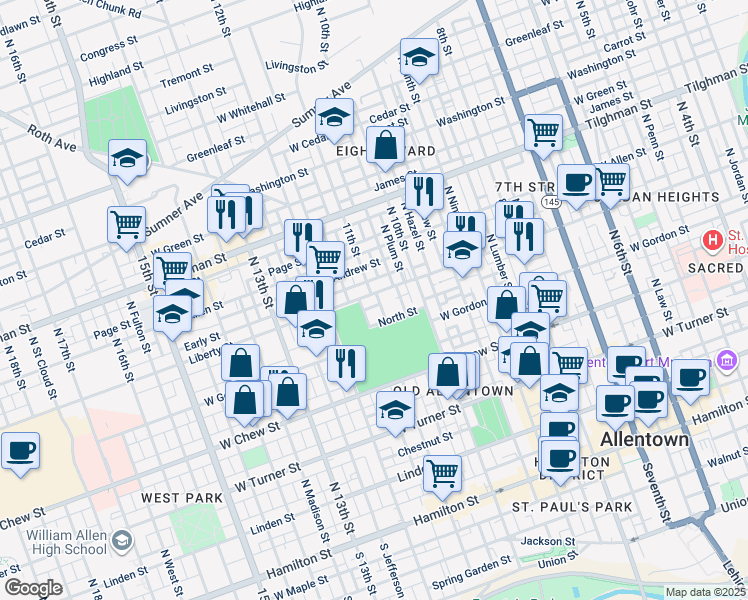 map of restaurants, bars, coffee shops, grocery stores, and more near 1104 Liberty Street in Allentown