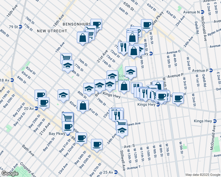 map of restaurants, bars, coffee shops, grocery stores, and more near 1608 Stillwell Avenue in Brooklyn