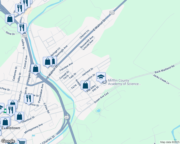 map of restaurants, bars, coffee shops, grocery stores, and more near 608 Harvard Street in Lewistown