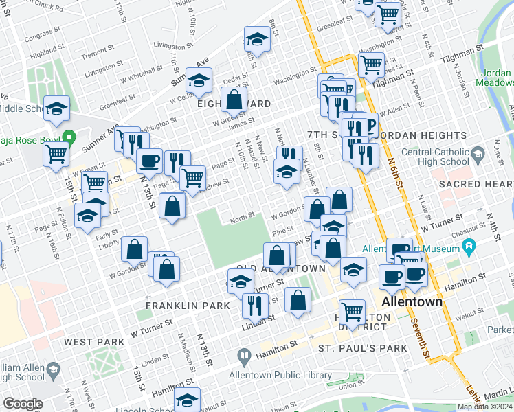 map of restaurants, bars, coffee shops, grocery stores, and more near 426 North 10th Street in Allentown