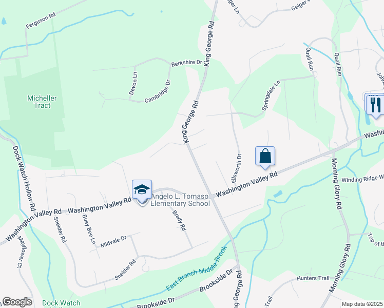 map of restaurants, bars, coffee shops, grocery stores, and more near 68 King George Road in Warren
