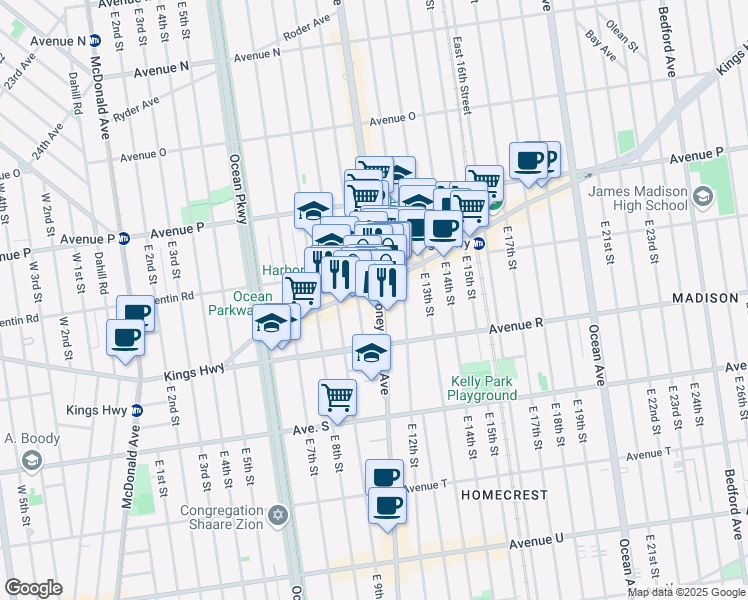 map of restaurants, bars, coffee shops, grocery stores, and more near 2084 Coney Island Avenue in Brooklyn