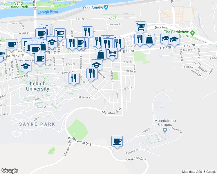 map of restaurants, bars, coffee shops, grocery stores, and more near 733 East 7th Street in Bethlehem