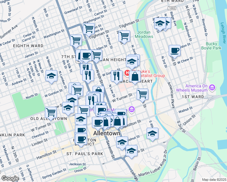 map of restaurants, bars, coffee shops, grocery stores, and more near 239 North Law Street in Allentown