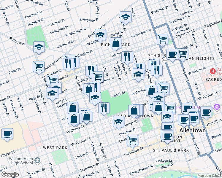 map of restaurants, bars, coffee shops, grocery stores, and more near 1108 Liberty Street in Allentown