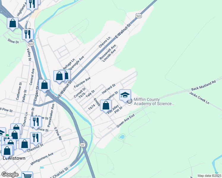 map of restaurants, bars, coffee shops, grocery stores, and more near 608 Harvard Street in Lewistown