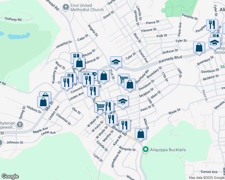map of restaurants, bars, coffee shops, grocery stores, and more near 2112 Newell Avenue in Aliquippa