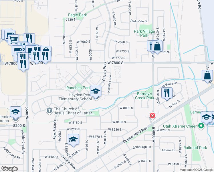 map of restaurants, bars, coffee shops, grocery stores, and more near 7924 Hartley Lane in West Jordan