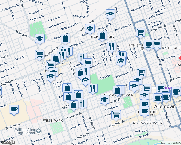 map of restaurants, bars, coffee shops, grocery stores, and more near 1135 Liberty Street in Allentown