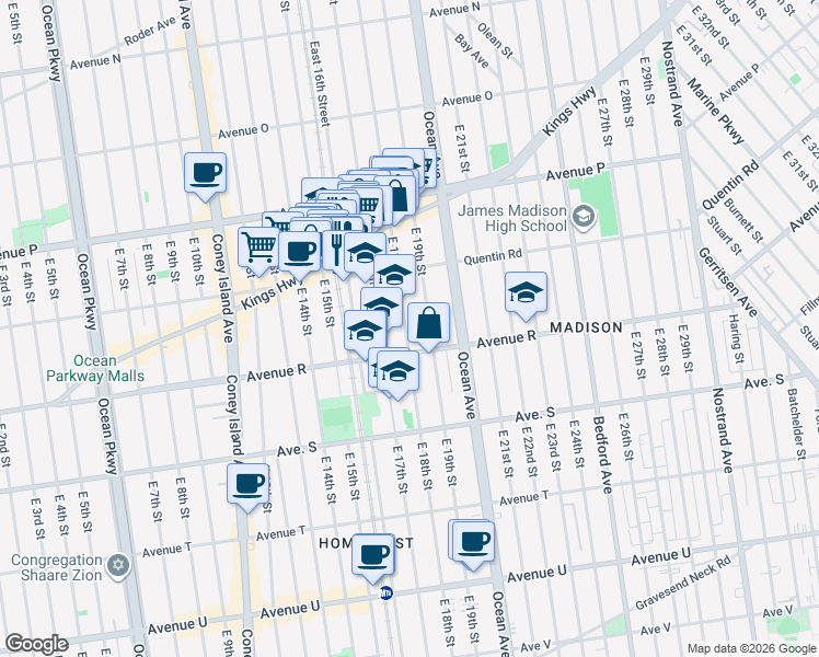 map of restaurants, bars, coffee shops, grocery stores, and more near 1809 Avenue R in Brooklyn