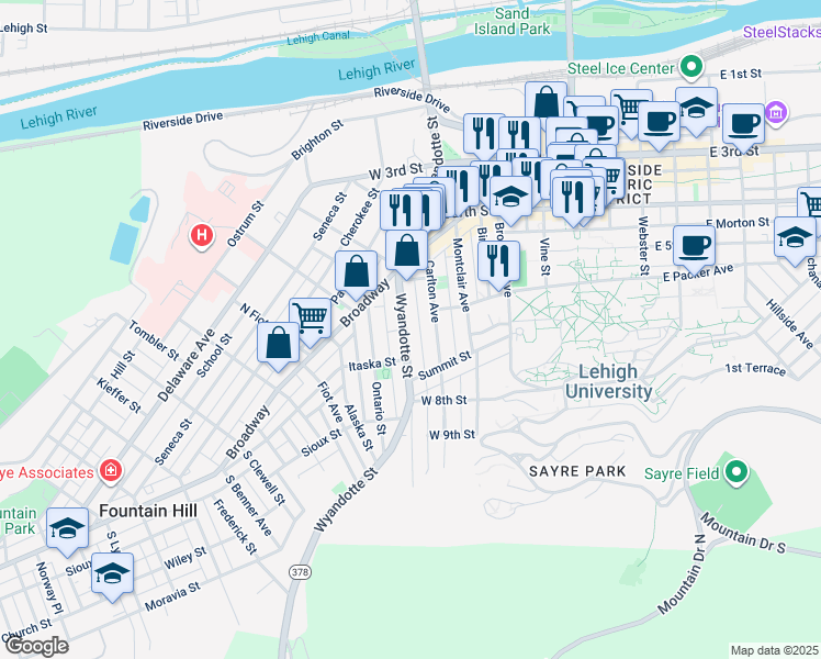 map of restaurants, bars, coffee shops, grocery stores, and more near 616 Wyandotte Street in Bethlehem