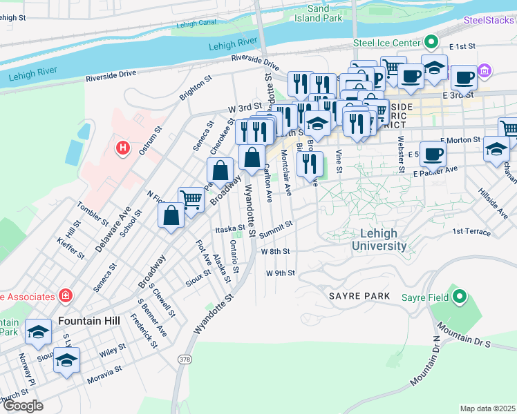 map of restaurants, bars, coffee shops, grocery stores, and more near 613 Hess Street in Bethlehem