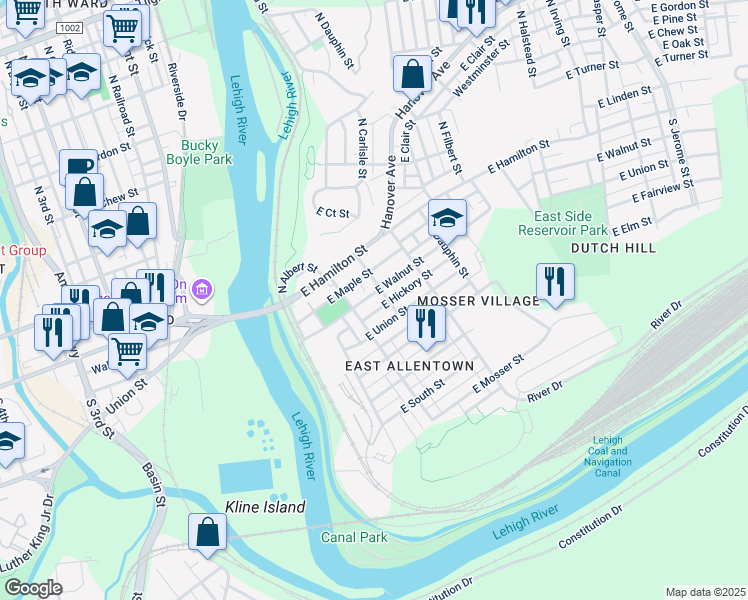map of restaurants, bars, coffee shops, grocery stores, and more near 226 East Walnut Street in Allentown