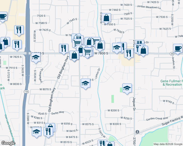 map of restaurants, bars, coffee shops, grocery stores, and more near 7957 Shayla Drive in West Jordan
