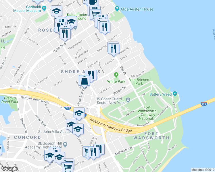 map of restaurants, bars, coffee shops, grocery stores, and more near 83 Lyman Avenue in Staten Island