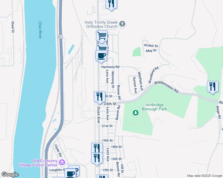 map of restaurants, bars, coffee shops, grocery stores, and more near 2519 Manning Street in Ambridge