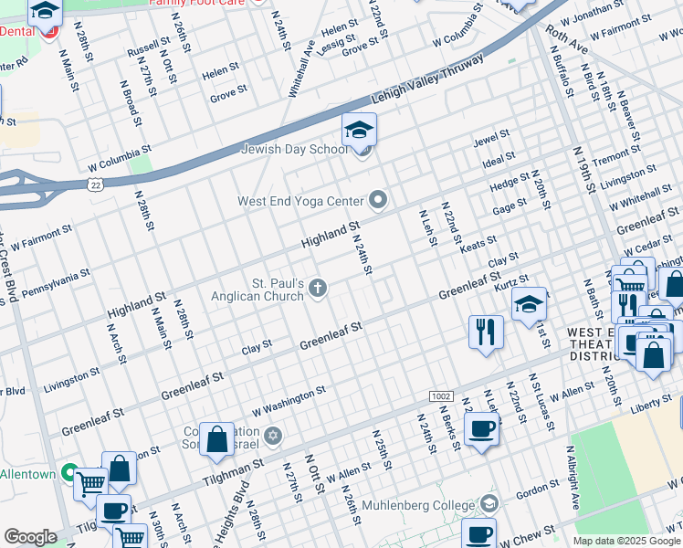 map of restaurants, bars, coffee shops, grocery stores, and more near 2422 Livingston Street in Allentown