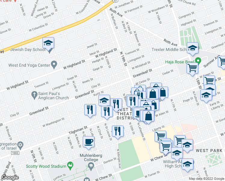 map of restaurants, bars, coffee shops, grocery stores, and more near 2017-2021 South Cedar Crest Boulevard in Allentown