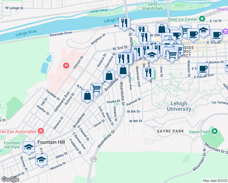 map of restaurants, bars, coffee shops, grocery stores, and more near 529 Ontario Street in Bethlehem