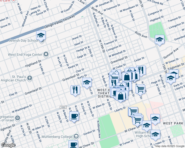 map of restaurants, bars, coffee shops, grocery stores, and more near 2025 West Cedar Street in Allentown