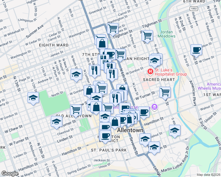 map of restaurants, bars, coffee shops, grocery stores, and more near 304 North 7th Street in Allentown