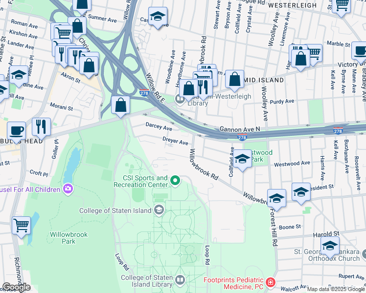 map of restaurants, bars, coffee shops, grocery stores, and more near 2B Dreyer Avenue in Staten Island