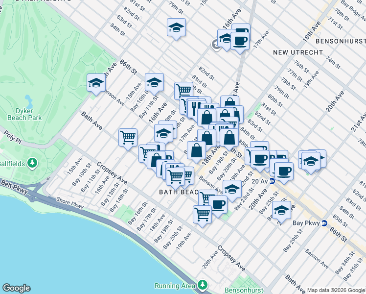 map of restaurants, bars, coffee shops, grocery stores, and more near 1731 Benson Avenue in Brooklyn
